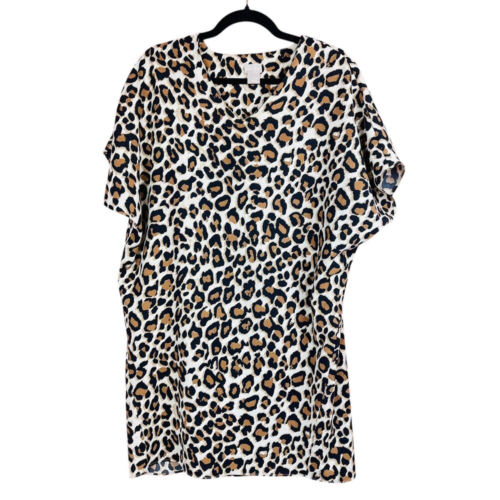 Chicos Shirt Womens Small Animal Print Brown Black White Tunic Loose Blouse Top